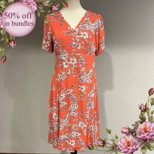 Button down floral blood orange short sleeve dress